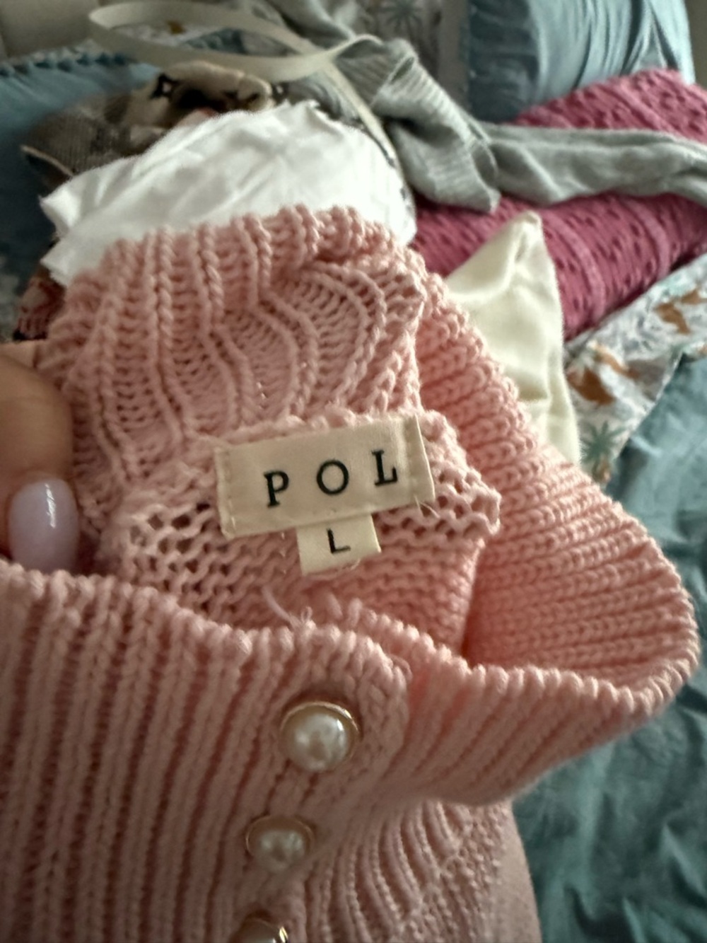 POL Soft Pink Pearl-Button Knit Cardigan